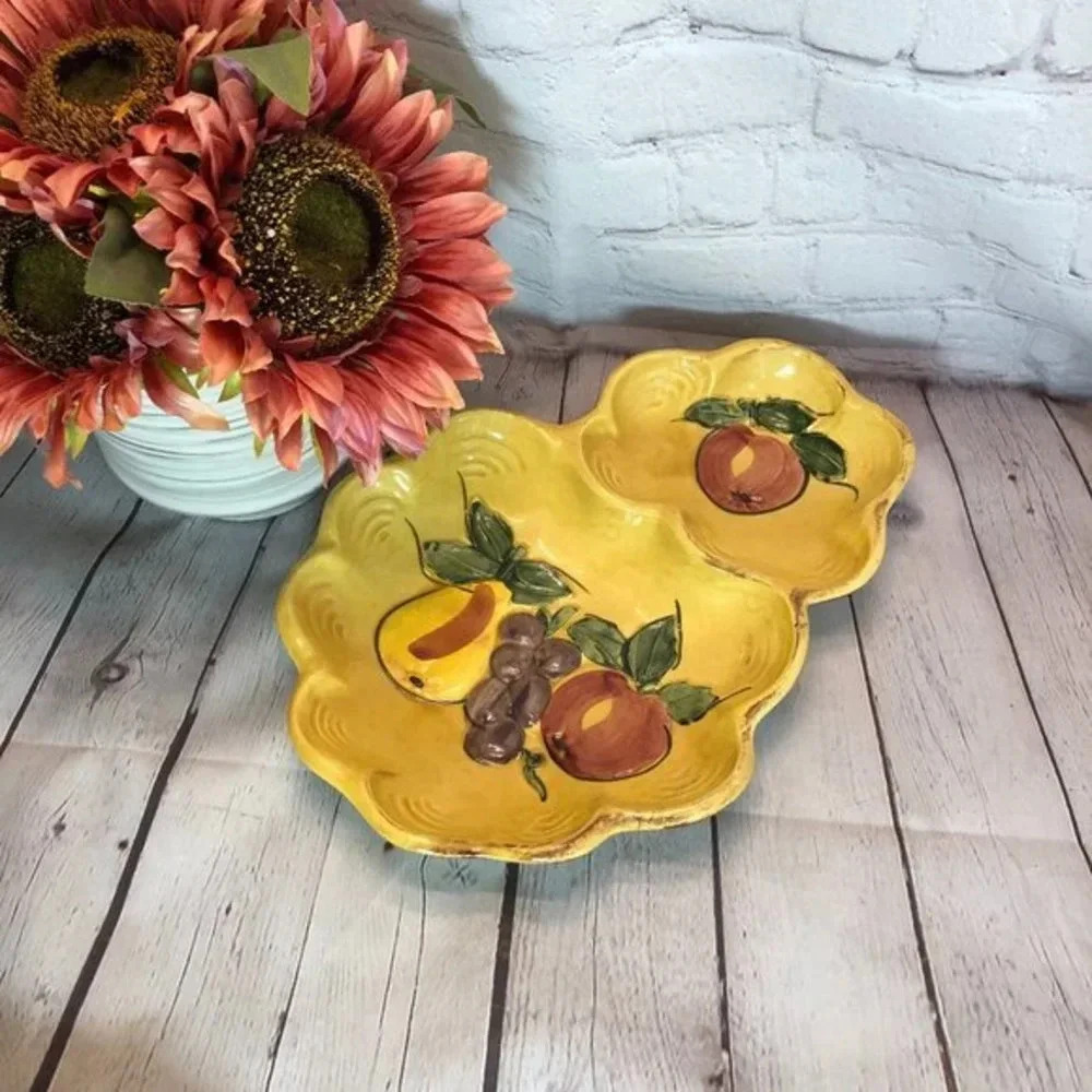 vtg maurice Pottery of california divided dish painted fruit cottage farmhouse